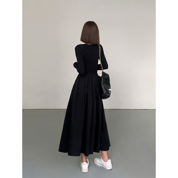 Commense Long Sleeve Maxi Dress Pockets A‎ Line Casual Elegant Black Dress M - Picture 3 of 6